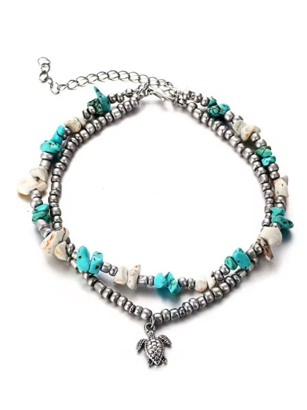 Silver-Tone Turquoise & White Beaded Turtle Anklet NWOT